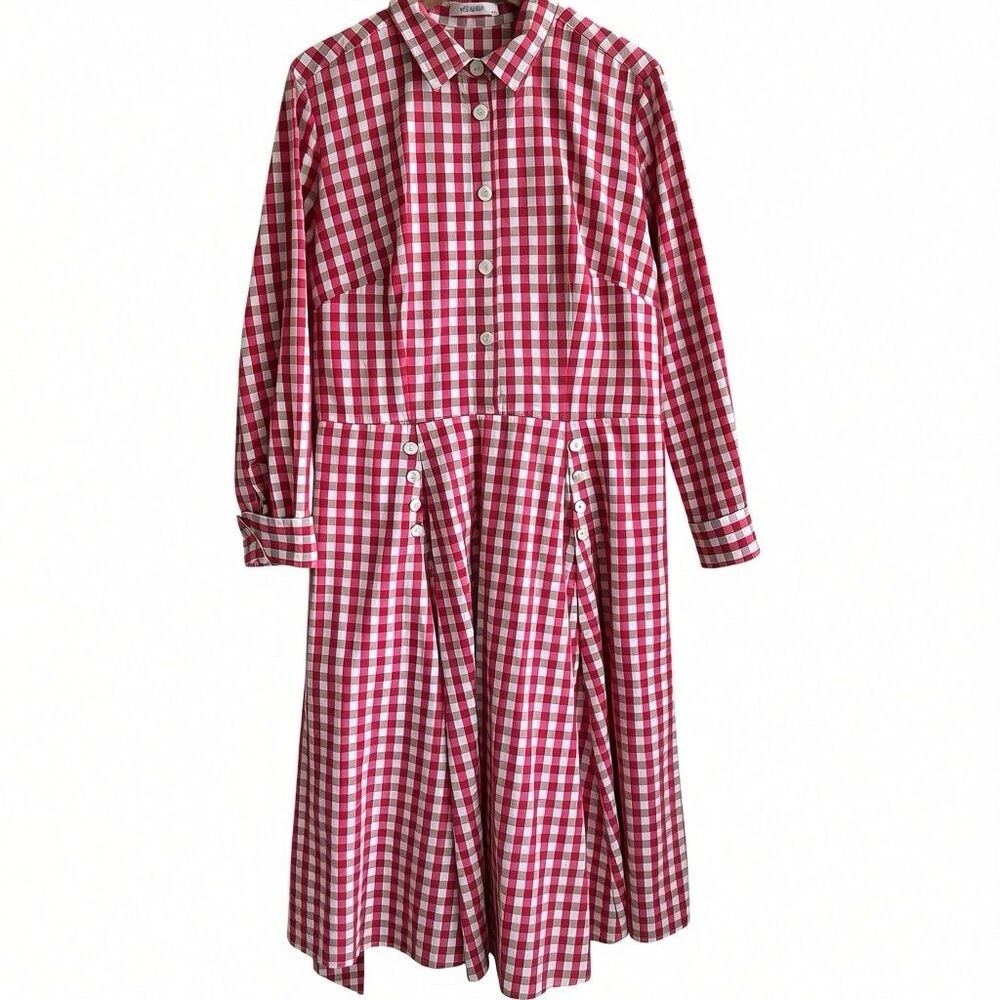 eShakti Maxi Shirt Dress Sz L Cotton red Gingham Checkered Belted